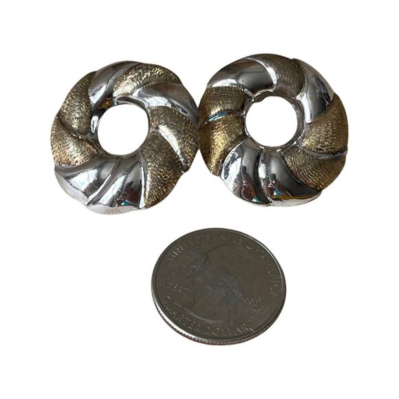 Vintage Mexican Sterling Silver Gold Plate Earrings, Large Circle Post Earrings - Picture 2 of 6